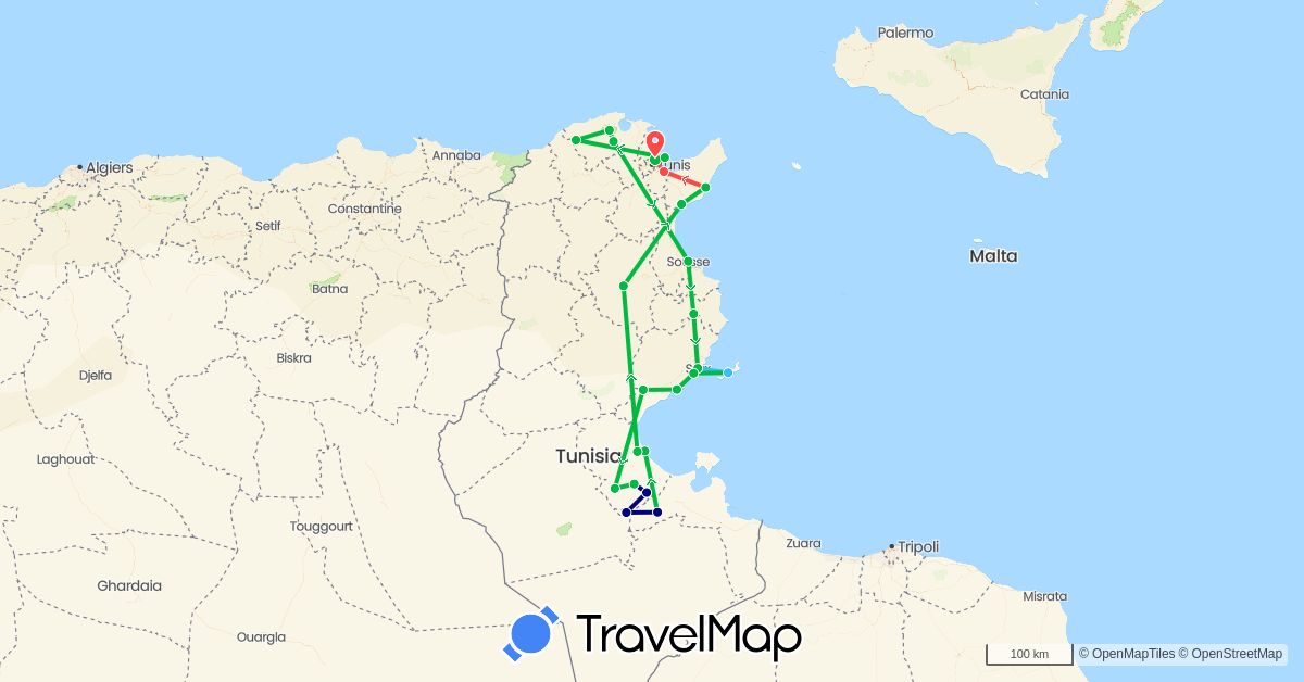 TravelMap itinerary: driving, bus, hiking, boat in Tunisia (Africa)